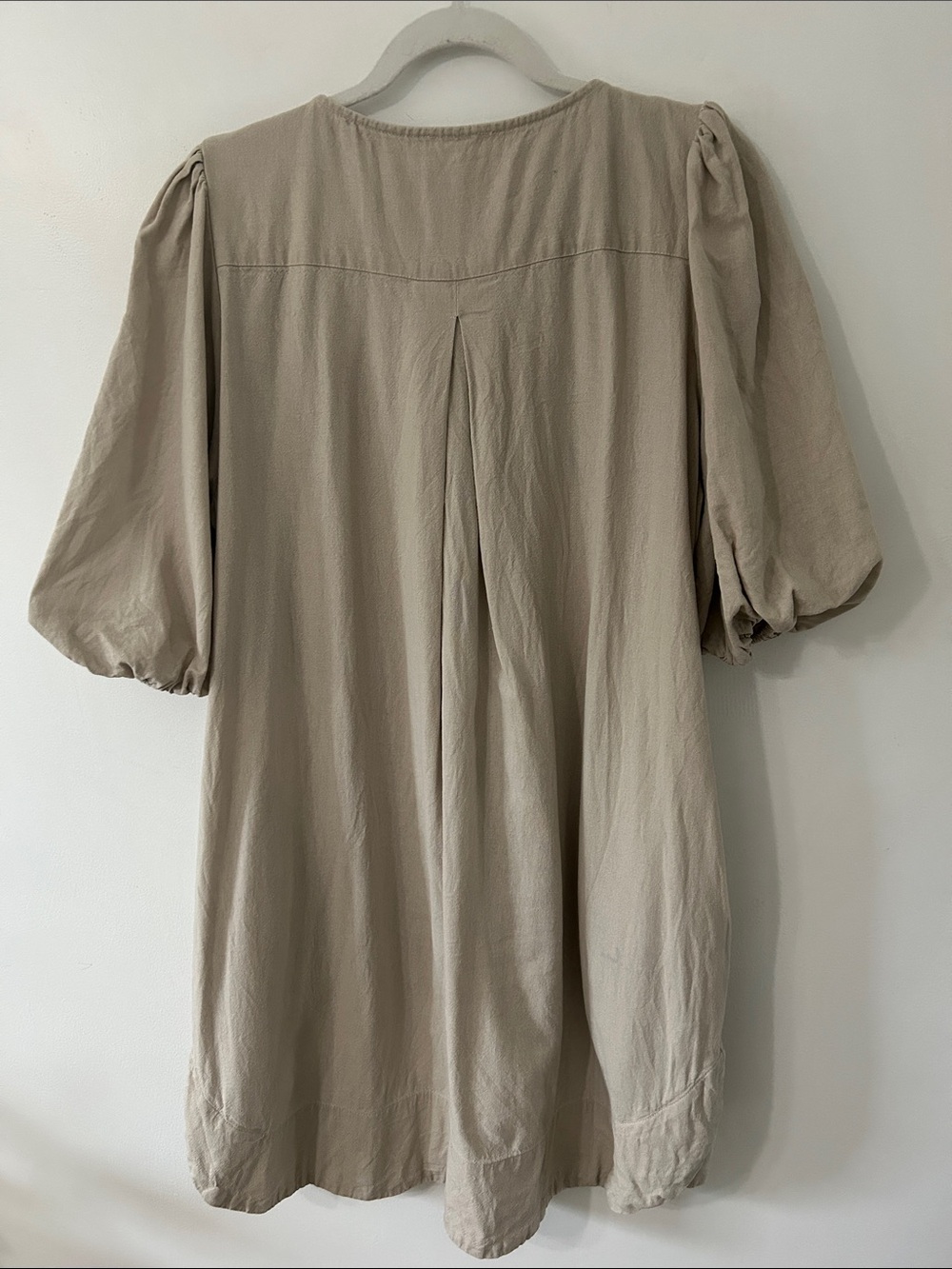 Cynthia Rowley Puff Sleeve Linen Shift Dress Tan Mini Relaxed Boho Shabby Chic - Picture 7 of 14